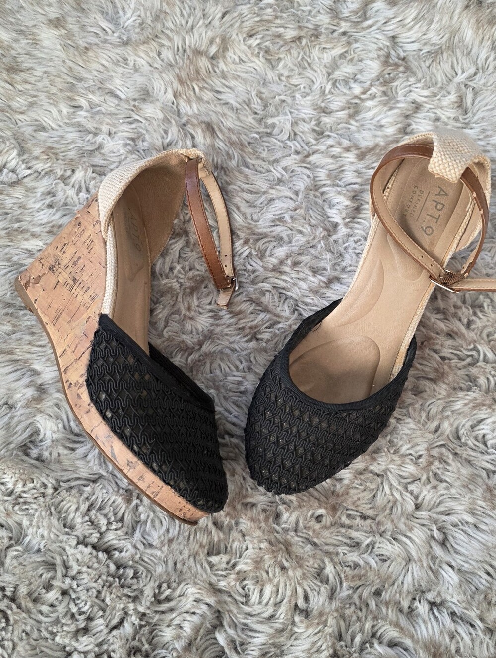 Apt. 9 Black and Tan Cork Wedge Sandals Women's Size 7